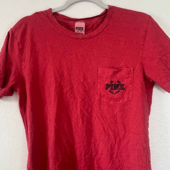 PINK Victoria's Secret T-Shirt Red Tee Pocket Tee Logo Cotton Oversized XS - Picture 2 of 7